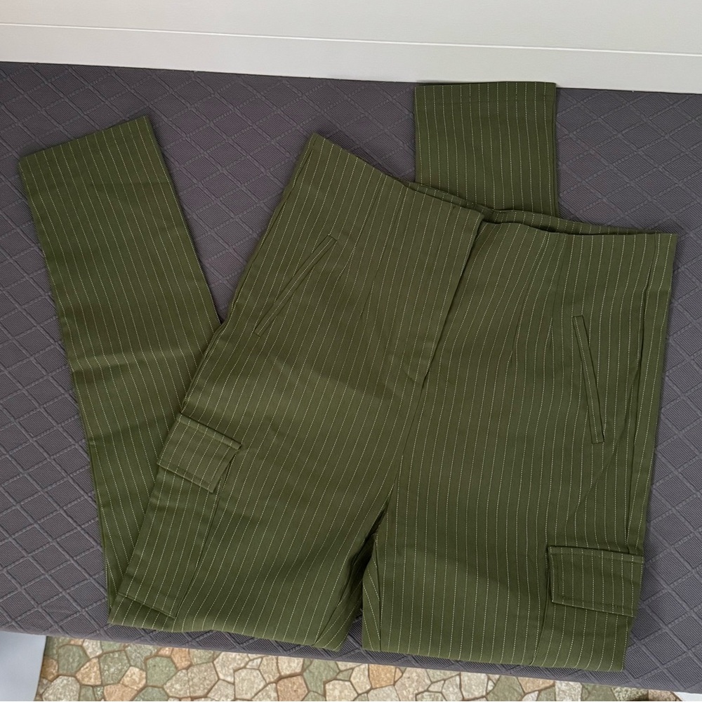Sky Olive Green Pinstripe Skinny Cargo Trousers, Women’s 1X